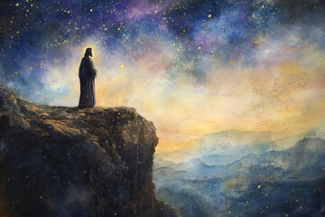 Jesus standing at the edge of a cliff, gazing at a starry sky. The watercolor blends soft blues, purples, and golden accents to convey a sense of divine peace and reflection.