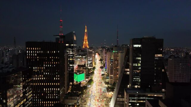 Aerial view of Paulista Avenue by night - S&atilde;o Paulo, Brazil