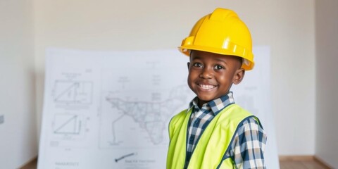 African boy in hard hat and holding blueprint pretending to be engineer, kid, smiling