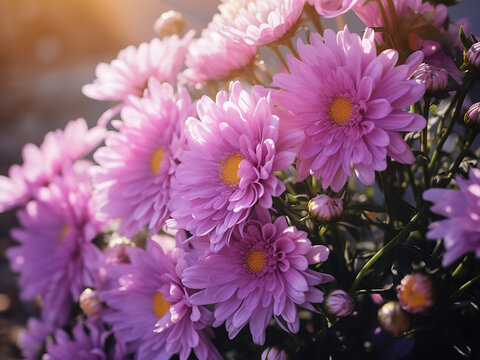 Close up of a lush aster bouquet with light and shadow creating a romantic effect