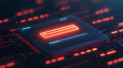 A glowing, futuristic interface featuring a highlighted loading bar over a circuit-like background illuminated in red and blue hues.