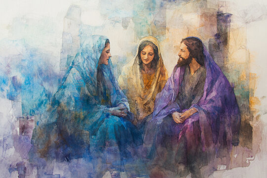 Jesus sitting with Mary and Martha, offering words of comfort and encouragement. The watercolor uses soft blues, purples, and browns to create an intimate, peaceful scene of divine companionship.