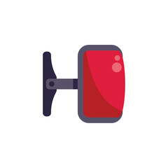 Red scooter side mirror reflecting light with a white background