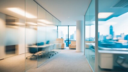 Blurred modern office space,met room and open workstations that convey professionalism and tranquility.