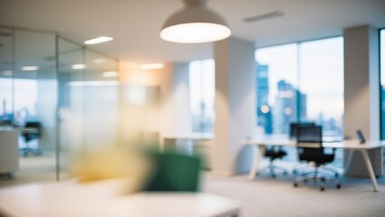 Blurred modern office space,met room and open workstations that convey professionalism and tranquility.