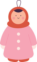 A cartoonish girl wearing a pink coat and a red scarf
