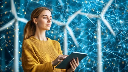 A female tech visionary sketching ideas for sustainable energy solutions on a digital tablet Stock Photo with side copy space