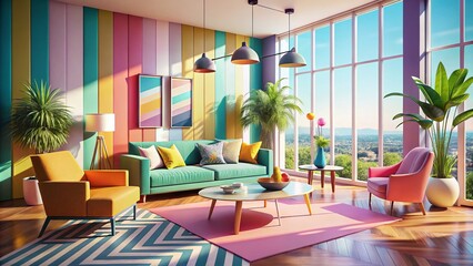Pastel Contemporary Living Room with Bold Geometric Furniture and Vibrant Colors in a Panoramic View for Modern Interior Design Inspiration