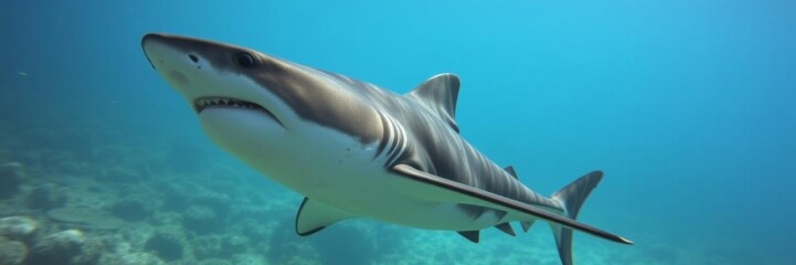 Fototapeta premium Big Caribbean reef shark swimming gracefully in the crystal-clear ocean, showcasing its impressive size and power, marine life, marine