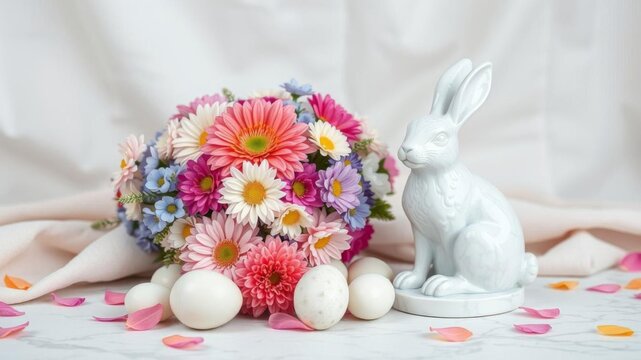 Top view of Easter decorations bouquet with chrysanthemum flowers, ceramic bunny statuette, eggs, and cloth on white marble background, flowers, ceramic, petals