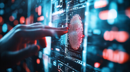 Ai-generated fingerprint scanning event high-tech lab digital interface urban environment close-up view conceptual security