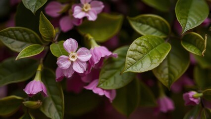 Obraz premium Vibrant Pink Flowers Amidst Lush Green Leaves, Perfect for Home Decor, Wall Art, or Greeting Cards