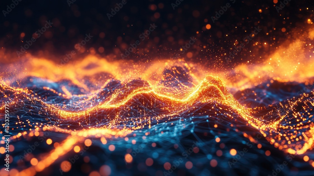 Aufkleber Dynamic Digital Waves with Intense Orange and Blue Flames Representing High-Speed Data Flow in a Virtual Network Environment