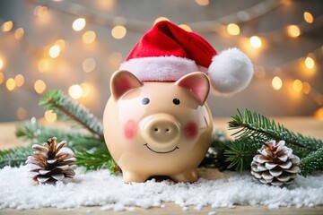 Piggy Bank Dressed in a Christmas Hat Isolated on a White Background, Perfect for Holiday Savings Themes and Financial Planning Concepts