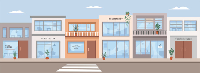 Grocery store illustration. Shopping complex, Shopping plaza. Galleria. Shopping arcade. Shopping precinct. Parade of shops. Commercial center. Market.  © Hayclaw Here