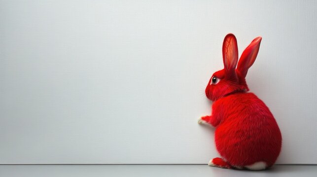 Vibrant red bunny sitting against a blank whiteboard, showcasing its fluffy texture and expressive ears, creating a charming and playful atmosphere.