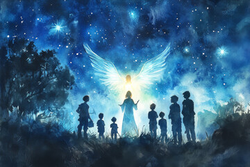 In this digital watercolor painting, a bright angel stands before a group of shepherds, with the heavenly glow casting light on their faces. The angel delivers the joyous news of Jesus' birth, and the