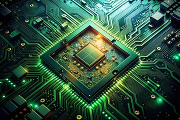 Fototapeta premium Pixelated Illustration of a Dark Green Computer Chip and Circuit Board, Capturing Intricate Details and Modern Technology in a Unique Candid Photography Style