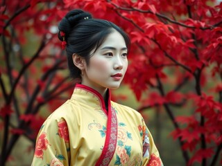 Chinese woman with traditional outfit standing in front of vibrant red trees in an AI generated image, AI, image