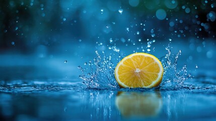 Refreshing Splash of Lemon in Blue Water with Raindrops Creating Beautiful Patterns