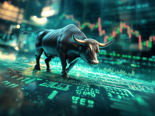 Bull standing on illuminated stock market data background, glowing charts. 