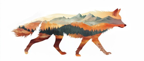 Colorful Double Exposure Fox with Mountain Landscape - Artistic Nature-Inspired Wildlife Illustration for Creative Projects and Designs