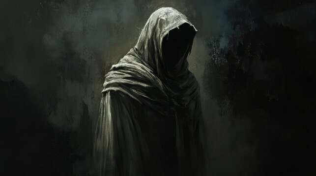 Mysterious hooded figure shrouded in darkness, exuding an eerie aura with an indistinct facial outline against a shadowy background.