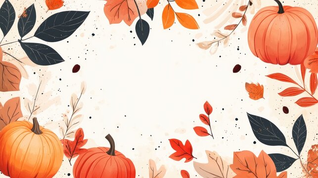 Thanksgiving greeting card adorned with vibrant autumn leaves and pumpkins, creating a warm seasonal atmosphere with a blank center for personalized messages.