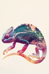 Obraz premium Colorful Artistic Chameleon Illustration with Nature Elements - Vibrant Wildlife Art for Home Decor or Educational Projects
