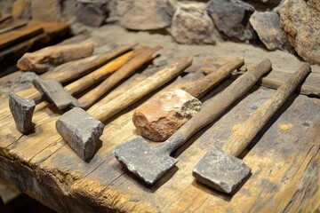Stone hammers, wooden handles, aged tools, rustic wood.