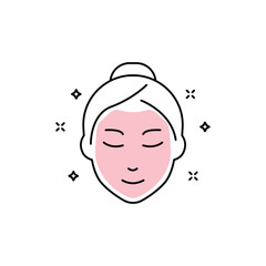 Woman with Facial Sparkle Mask Line Icon. Beauty Cosmetic Face Mask for Girl Linear Pictogram. Female Face Skin Care Outline Icon. Relax Spa