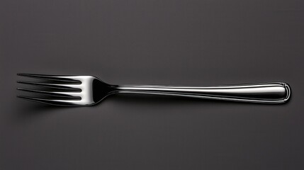 A sleek, polished silver fork rests elegantly on a dark surface, perfect for showcasing culinary artistry or dining experiences.
