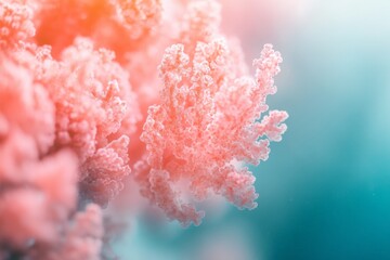 Close-Up of Vibrant Pink Coral Reef Underwater, Capturing the Beauty of Marine Life and Ocean Ecosystems with Soft Blue Background