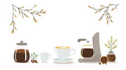 Creative frame surrounded by coffee plant cups and brewing equipment on white background, barista, empty space