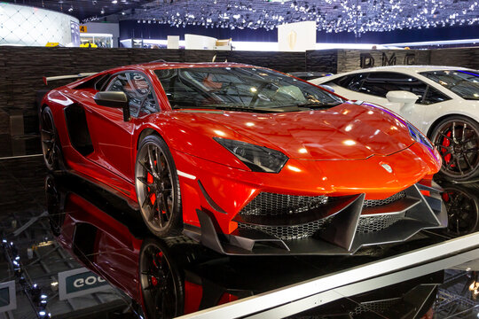 Lamborghini Aventador customized sports car at the Geneva International Motor Show. 