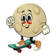 Moon mascot character illustration playing skateboarding, cartoon mascot isolated, work of hand drawn