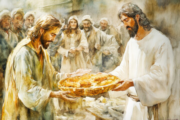 Jesus feeding the 5,000, breaking bread and offering it to a crowd. The watercolor uses warm golden tones, soft greens, and pale yellows to evoke nourishment, community, and divine provision.