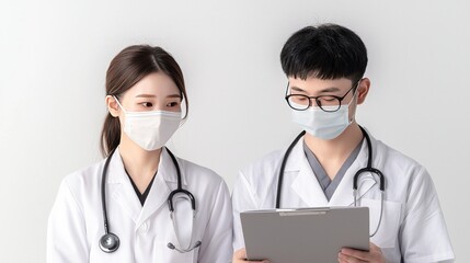A Doctor Medicine chinese treatment concept. Two medical professionals in white coats and masks review a document, emphasizing teamwork and healthcare.