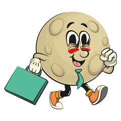 Moon mascot character illustration wearing a tie and carrying a suitcase rushing to the office, cartoon mascot isolated, work of hand drawn