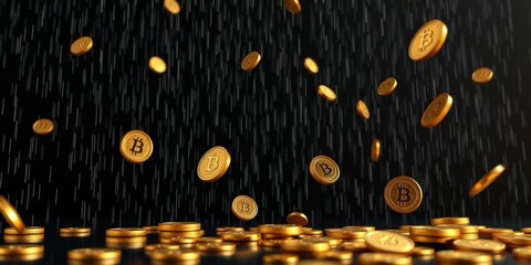 Digital crypto gold coins falling from the sky on a black background with copy space, 3D rendering, crypto, gold