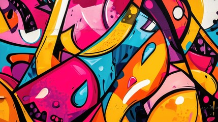Vibrant abstract pop art featuring dynamic colors and unique shapes, showcasing eye-catching patterns with bold pinks, yellows, and blues.