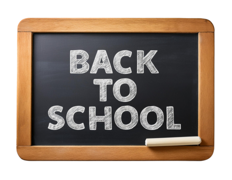 School blackboard with the text "BACK TO SCHOOL" written in chalk Isolated on transparent background