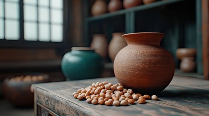 A rustic setting featuring an earthen pot alongside scattered nuts on a wooden table, with additional pots visible in a softly lit background.
