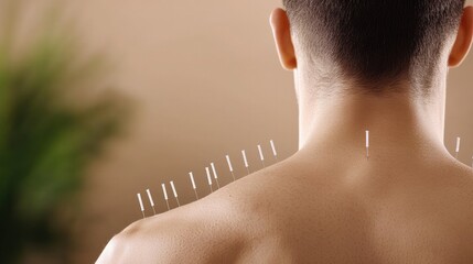 Medicine chinese treatment concept. A close-up of a person's back with acupuncture needles inserted, highlighting alternative therapy and relaxation techniques.