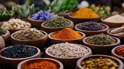 Fototapeta premium Medicine chinese treatment concept. A vibrant display of various spices in bowls, showcasing a colorful assortment of herbs and seasonings, emphasizing culinary diversity and flavor.