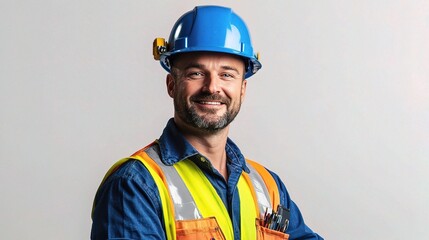 Smiling Construction Worker in Safety Gear with Tools and Hard Hat