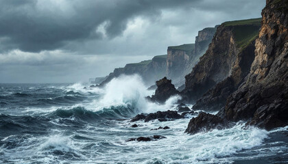 Obraz premium A stormy sea crashes against dramatic cliffs, showcasing nature's raw power and beauty.
