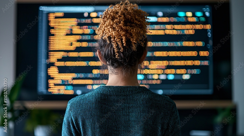 Aufkleber A female coder writing complex scripts on a modern workspace desk surrounded by tech gadgets Stock Photo with side copy space