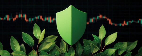Sustainable finance, Green investment, Risk management. Shield symbol amidst greenery with a stock market background.