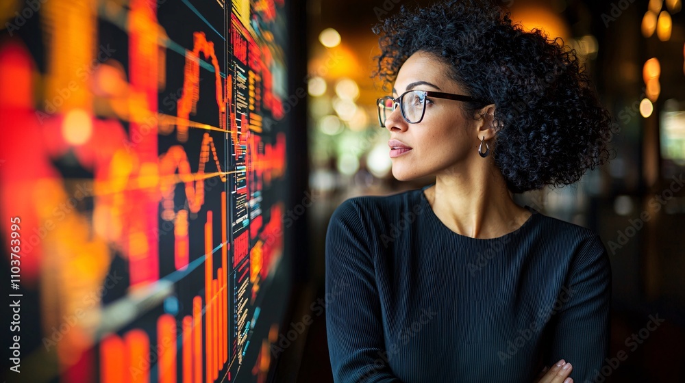 Poster a female futurist explaining the impact of technology on shaping a sustainable future stock photo wi